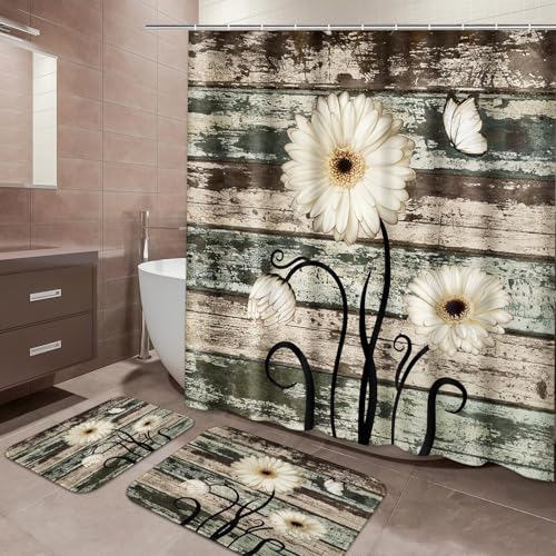 ArtSocket Vintage Flower Bathroom Set with Shower Curtain and Bath Rugs and Accessories,Daisy Wooden Non-Slip Shower Curtain Set,Bathroom Decor 3 Pcs - color: Vintage Flower