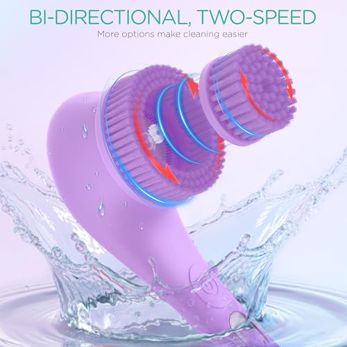 VOYOR Electric Body Brush Back Scrubber Silicone Body Scrubber Two-Way Rotating Brush Head for Deep Cleaning, Exfoliation, 4 Attachments Long Handle IPX6 Rechargeable Shower Brush BC300 (Purple) - color: Purple