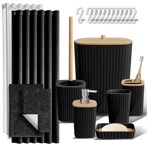 Clara Clark Bathroom Accessories Set - Bathroom Set, Bathroom Sets with Shower Curtain and Rugs, Shower Curtain Set with Bathroom Trash Can - Black - 22PC - color: Black, size: Complete Set + Bath Rugs
