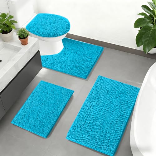 RUN HELIX Teal Bathroom Rug Set - 4 Piece with Toilet Lid Cover, Non Slip Mats, Extra Soft Chenille, Absorbent Shaggy, Perfect Plush U-Shaped Toilet Rug - color: Teal Blue, size: 1'8" x 2'8" (Square + oval + U-shape)