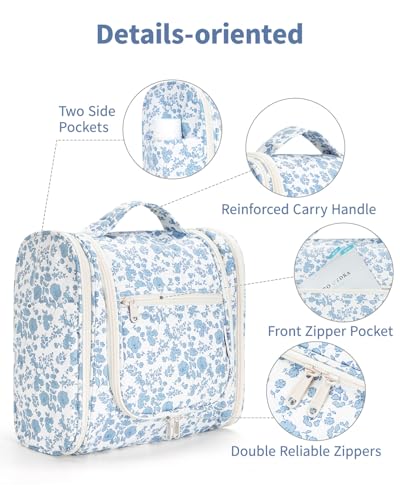 Narwey Large Hanging Toiletry Bag for Women Travel Makeup Bag Make up Organizer Toiletries Bag for Cosmetics Essentials Accessories (Large, Blue Flower) - color: B-Blue Flower, size: Large