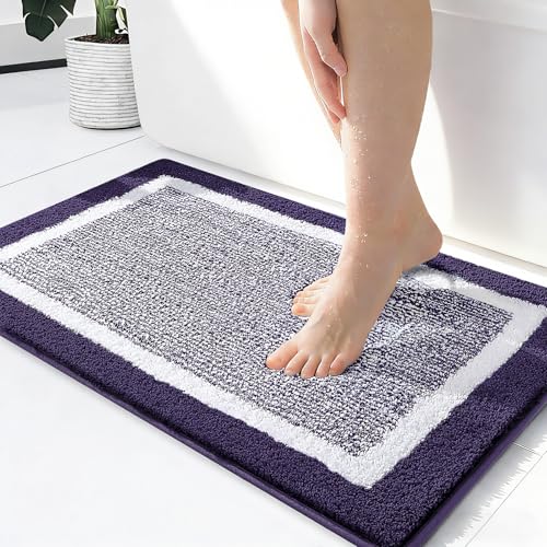 OLANLY Small Bathroom Rugs 24x16, Extra Soft and Absorbent Microfiber Bath Rugs, Non-Slip, Machine Washable, Quick Dry Shaggy Bath Carpet, Bath Mats for Bathroom Floor, Tub, Shower, Purple - color: Purple and White, size: 24" X 16"