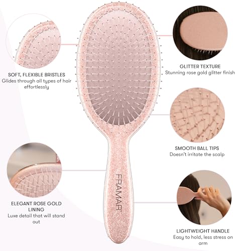 FRAMAR Glitter Hair Brush Detangler, Detangling Hairbrush For Women, Wet Hair Brush For Girls, Hair Detangler Brush, Wet Hairbrush, Hairbrushes, Reduces Frizz – Rosé - color: Rose Gold