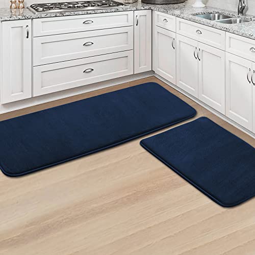 H.VERSAILTEX Kitchen Mat 2 PCS Non Slip Memory Foam Flannel Velvety Kitchen Runner Rugs Set - Water Absorbent Soft (47" x 17" + 24" x 17", Navy) - color: Navy, size: 47" x 17" Plus 17" x 24"