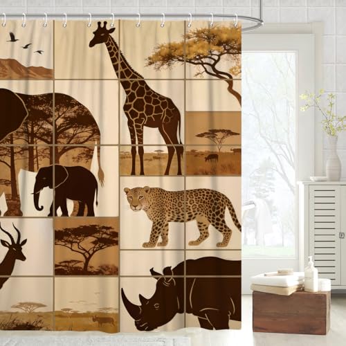 Fabric Shower Curtain with Hooks, Waterproof & Washable & Polyester, Brown Nature African Jungle Animal Shower Curtains for Bathroom, Elephant Giraffe Leopard Bathroom Curtain, House Gift, 71x74 Inch - color: African Safari Animal