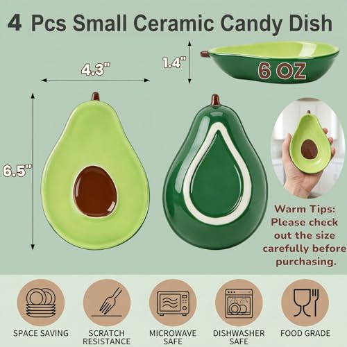 Tlence 4 Pack Cute Avocado Candy Dish for Office Desk, 6 OZ Small Ceramic Candy Bowl for Office, Mini Dipping Bowls for Charcuterie Board, Decorative Catchall Key Bowl for Entryway Table