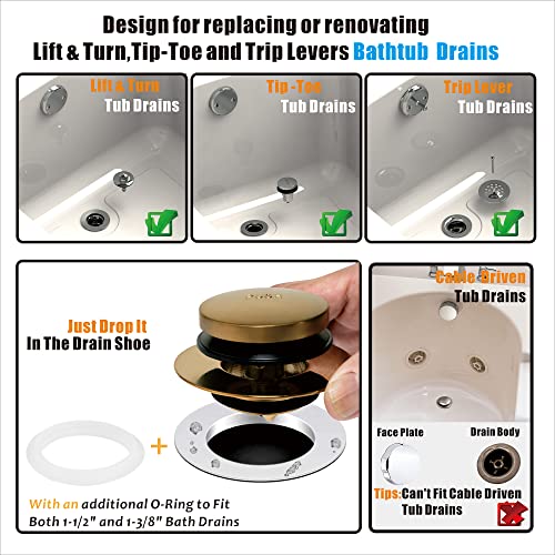 Artiwell Universal Tip Toe Tub Drain Conversion Kit - Bathtub Drain Replacement Trim Kit with 1-Hole Overflow Face Plate and Pop-Up Tub Stopper, Brushed Gold - color: Brushed Gold