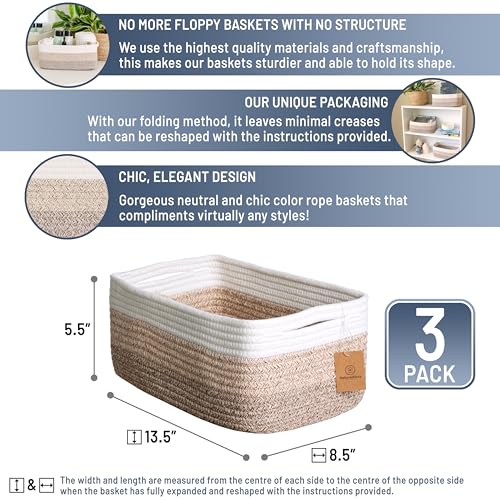 NaturalCozy 13.5”x8.5”x5.5” Storage Baskets for Shelves 3 Pack | Cotton Rope Woven Small Baskets for Organizing | Small Storage Bins for Nursery, Bathroom, Closet, Cube Shelf, Decorative, Gift - color: 3-Tone Brown, size: 13.5" x 8.5" x 5.5"