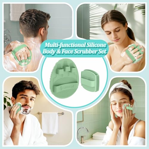 Silicone Bath Glove & Face Scrubber Set 2PCS, 360° Anti-Slip & Hand-fit Body Scrubber for Rich Foaming Deep Cleaning, Unique Facial Scrubber with Side-bristles for Contoured Areas.(Green) - color: Green Set
