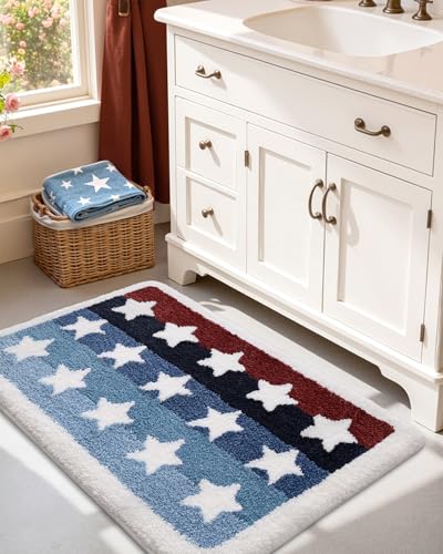 DEXI Rustic Star Bathroom Rug, 32x20 Non Slip Washable Bath Mat Absorbent, Ultra Soft Plush Microfiber Bathmat Quick Dry for Shower Floor, Tub, Sink, Colorful Stripes - color: Stripes Blue and Star, size: 32" X 20" (Rectangular)