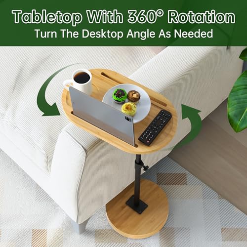 NiHome Bamboo Swivel Sofa Armrest Tray Table for Couch with Thickened Stable Base, Adjustable Height TV Tray Side Table with 360° Rotating for Bath Tub Hot Tub Bedside Balcony - size: Standard