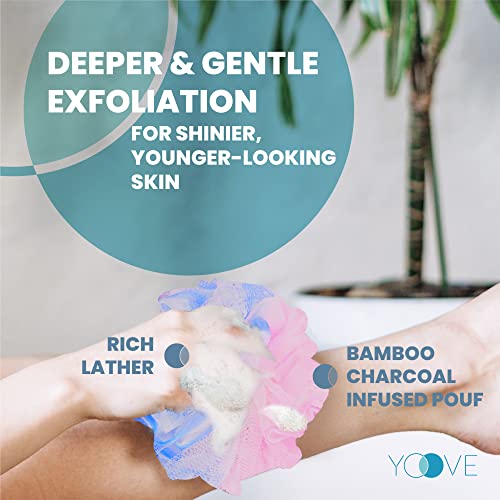 Yoove Loofah Back Scrubber w/Bamboo Charcoal Fiber Infused Bath Sponge, Wooden Handle, Luffa Pouf, Sponge Stick & Hanging Hook for Men & Women, Pink Loofah w/Handle, Loofa, Lufa Body Scrubber Stick - style: Pink