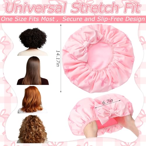 Janmercy Pink Bow Shower Cap for Women Terry Lined Shower Cap Reusable Waterproof Double Layer Bath Bonnet Adjustable Non Slip Quick Dry for Braids Long Straight Curly Hair Women Gifts - color: 3D Bow, style: Pink Bow