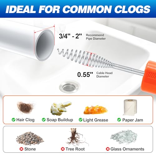 Drainsoon Auto Feed Drain Auger with Drill Adapter, 33 Feet Drain Snake Hair Clog Remover, Manual or Powered Plumbing Snake Drain Cleaner for Bathroom, Shower, Kitchen Sink, Comes with Gloves