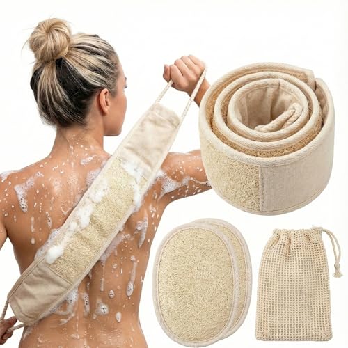 Natural Loofah Back Scrubber for Shower for Men and Women, Exfoliating Loofah Sponge with Soap Saver (1Back+2Pads+1Bag) - size: 2Pads+1Back+1Bag