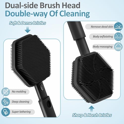 Silicone Back Scrubber & Soft Bath Glove 2PCS, 16''- 21''Extendable Back Scrubber with Dual-Side Large Head, 360° Anti-Slip Hand-fit Silicone Body Scrubber for Rich Foaming Deep Cleaning(Black) - color: Black*2