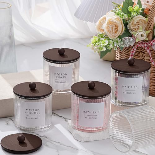 Yaomiao 6 Pcs Ribbed Bathroom Canisters Apothecary Jars with Brown Bamboo Lids and Label Stickers, 18 oz Plastic Canister with Fluted Design for Cotton Ball, Swab, Floss Picks House Storage - color: Brown