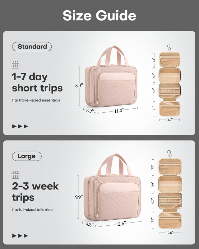 HOTOR Hanging Travel Toiletry Bag Women Men, Pale Pink, Medium | Waterproof Makeup Bag Hanging Hook,Multiple Pockets,Travel Essentials,11.2 x 3.2 x 8.9inches - color: Pale Pink, size: Medium