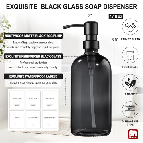 GMISUN Black Soap Dispenser, 2 Pack Hand Soap Dispensers for Bathroom, 17 Fl Oz Dish Soap Dispenser for Kitchen with Stainless Steel Pump, Modern Liquid Soap Bottle Set - color: Clear Black Bottle + Black Pump