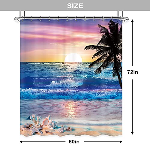 Newsely Ocean Sunrise Shower Curtain 60Wx72H Inch Beach Tropical Palm Tree Hawaiian Sunset Coastal Scenery Sea Wave Shower Curtain Bathroom Set Summer Waterproof Bath Decoration Accessories Home Decor - color: A-01beach Purple, size: 60"W x 72"L (Pack of