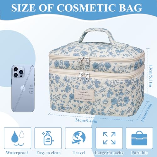 Gosect Makeup bag, Large Cosmetic Bag for Women Girls, Cute Quilted Makeup Bags, Floral Coquette Aesthetic Toiletry Bag, Travel Make Up Organizer Bag (Blue Bow) - color: 020Blue Bow