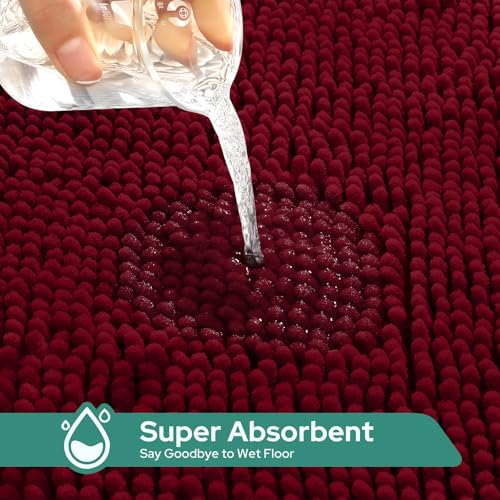 HOMEIDEAS 3 Pieces Burgundy Bathroom Rugs Set, Ultra Soft Non Slip Bath Rug and Absorbent Chenille Bath Mat, Includes U-Shaped Contour Rug, Bath Mat and Toilet Lid Cover, Perfect for Bathroom, Tub - color: Burgundy, size: 20"x32"+U 20"x24"+Cover 18"x21"