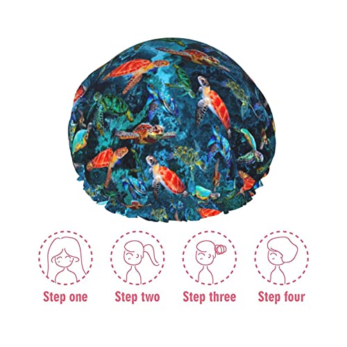 Sea Turtle Shower Cap For Women Adjustable Double Waterproof Layers Bathing Bath Cap Hair Protection Reusable Ladies Spa Salon Shower Hat - color: Sea Turtle