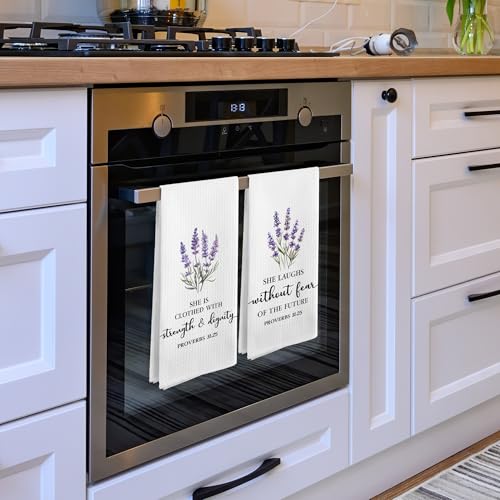 Christian Floral Kitchen Towels, Proverbs 31 Bible Verse Lavender Flower Kitchen Towel Decorative Set, Proverbs 31 Woman Gifts, Religious Floral Hand Dish Tea Towels for Bathroom Decor - color: Bible Floral-3