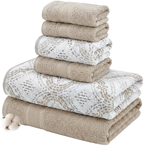 Modern Threads Capri 6-Piece Reversible Yarn Dyed Jacquard Towel Set - Bath Towels, Hand Towels, & Washcloths - Super Absorbent & Quick Dry - 100% Combed Cotton, Khaki - color: Khaki, style: Soft Geometric