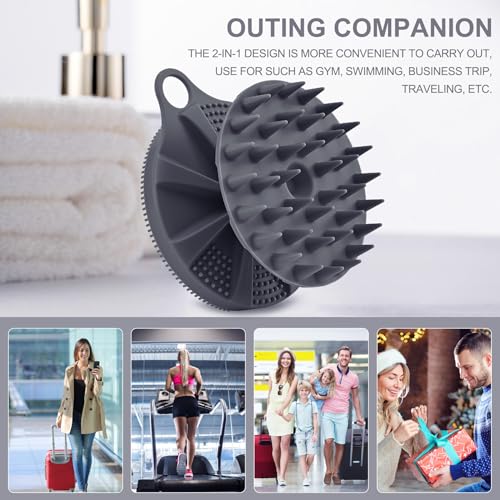 INNERNEED 2in1 Silicone Body Scrubber & Scalp Massager Shampoo Brush, Gray | Food-Grade Soft Material, More Hygienic, Easily Lather, Convenient for Travel, Gym, Business,etc - color: Gray