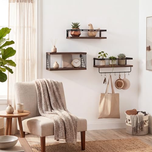 Fixwal Wall Mounted Bathroom Shelves Over Toilet, Rustic Wood Floating Shelves with Metal Frame and Towel Bar for Bathroom, Kitchen, Bedroom, Living Room (3 Plus 1 Dark Brown) - color: 6-dark Brown