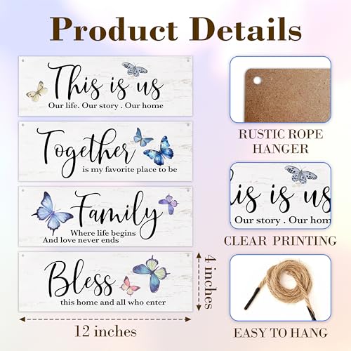 4 Pcs Family Wall Decor Wooden Sign, Blue Butterfly Bedroom Decor, The Is Us Wooden Hanging Sign, Inspirational Wall Art For Home Farmhouse Kitchen Living Room Bathroom Decorations, A33 - color: Butterfly Family