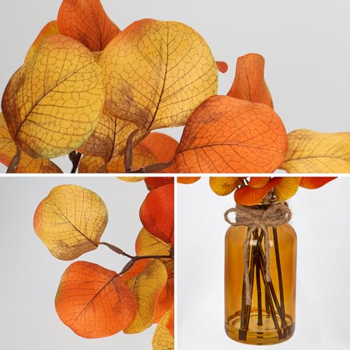 Briful Artificial Eucalyptus Stems in Amber Glass Vase with Faux Water, 14" Fake Fall Plant Autumn Leaves for Home Farmhouse Wedding Centerpiece Bathroom Décor - color: Orange