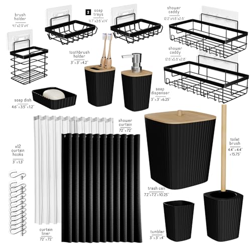 Clara Clark Bathroom Accessories Set - Bathroom Set with Adhesive Corner Shower Caddy Hanging, 25PC Bathroom Accessory Set, Black Shower Curtain Set, Toilet Brush, Trash Can & Soap Dispenser - color: Black, size: Complete Set + Shower Caddy