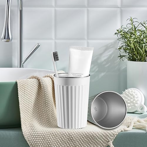 Toothbrush Cup for Bathroom-12oz Unbreakable Stainless Steel Bathroom Cup,Easy to Clean Toothbrush Mouthwash Cup, Reusable Bathroom Tumbler Cups for Home/School/Office(3" x 4.5") (White) - color: White