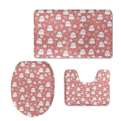 Cute Ghost Bathroom Rugs Sets 3 Piece Bathroom Rug Set with Toilet Cover Bathroom Rug Sets 3 Piece with Toilet Cover Toilet Seat Cover Set with Easy Cleaning Bathroom Accessory Set - color: Cute Ghost