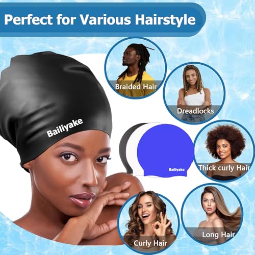 3 Pack Extra Large Swim Cap for Braids & Dreadlocks - Waterproof Silicone Swim Hat for Women with Long Thick Hair, Protective Swim Cap Cover Ears for Swimming, Shower, Bathing - color: Black+Blue+White