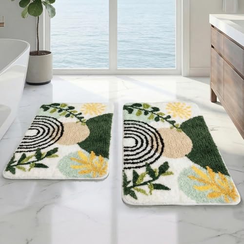 Arttown Boho Abstract Gold Plant Bathroom Rug Set 2 Piece Fluffy Microfiber Non-Slip Water Absorbent Bath Mat Soft Washable Floor Rug for Tub Showers Laundry Room Decor (16"x24"+20"x32") - color: Boho Plant 2