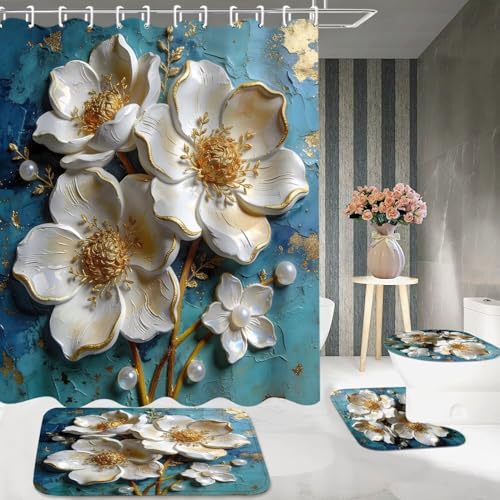 DDQQ 4Pcs White Flower Shower Curtain Sets Vintage White Floral on Blue Background Bathroom Sets, Shower Curtain with 12 Hooks Bathroom Decor with Rugs Bath Accessories with Mats Toilet Lid Cover - color: Peacock