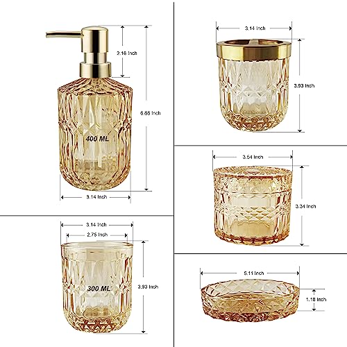 LaMarriti Clear Gold Bathroom Accessorries Set, 5Pcs Glass Bathroom Set, Soap Dispenser and Toothbrush Holder Set, Soap Dish, Tumbler, Q-Tips Holder Set for Modern Bathroom Sink, Cute Bathroom Decor - style: Clear Gold