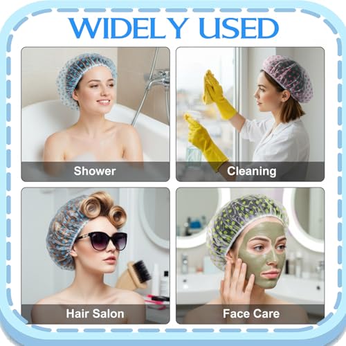 6PCS Shower Caps, Waterproof Reusable Plastic Shower Caps Elastic Band Flower Printed Hair Cap Bath Hair Hat for Women Ladies Spa Salon (Red+Green+Blue)