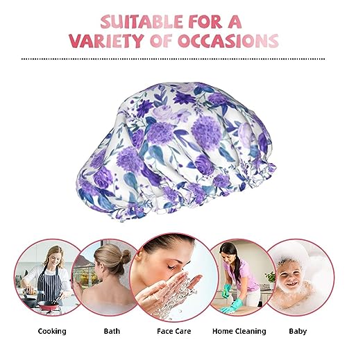 Violet Purple Rose Shower Cap For Women Adjustable Double Waterproof Layers Bathing Shower Hat Hair Protection Reusable Ladies Spa Salon Shower Hat - color: Purple Rose