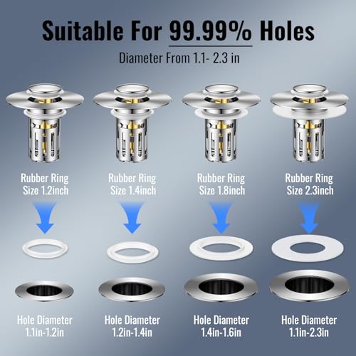 5-in-1 Bathroom Sink Stopper, 2 Pc Pop-Up Sink Drain Strainer with Removable Bascket, Anti-Clog Strainer, Odor Blocking & One-Way Flow Design, Brass & Stainless Steel All Metal Made, Fit 1.1"–2.36"
