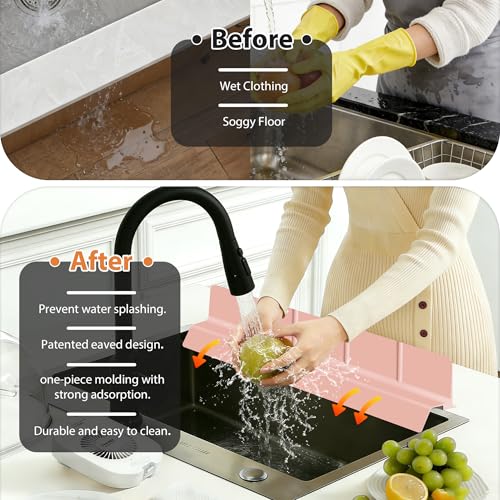 23Inch Sink Splash Guard – Extended Length & Tall Silicone Kitchen Sink Splash Guard with Overhang Drainage Design & Strong Suction Cups for Countertop (Lotus Pink, 23''x3.5'') - color: Lotus Pink, size: 23''x3.5''