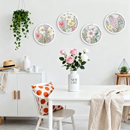 HPNIUB Boho Flower Wall Decor, Abstract Floral Market Wooden Wall Hanging Sign, 4 Pieces 10''x10'' Colorful Plant Wall Art, Minimalist Wildflower Botanical Wood Plaue for Girls Bedroom Living Room - color: Boho wildflower