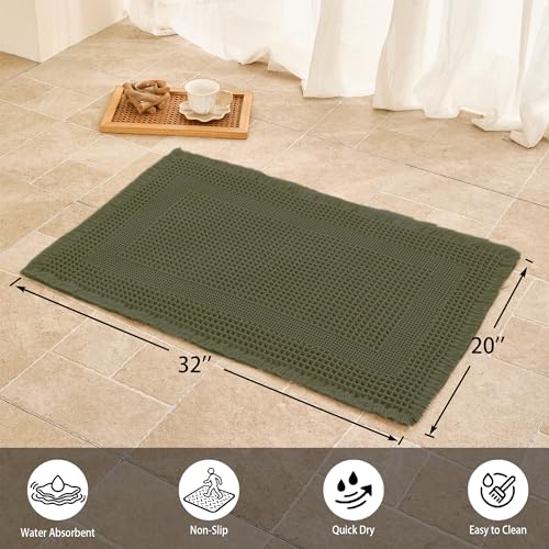 Waffle Bath Mat Non Slip, Boho Bathroom Rug, Super Absorbent Quick Dry Bathroom Mat, Soft Farmhouse Bath Rug with Tassels, Small Washable Shower Mats for Floor 20"x32", Square Olive Green - color: Square Olive Green, size: 1'8" x 2'8" (Rectangular)