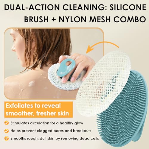 African Net Exfoliating Sponge Case with Silicone Body Brush, Dark Green | 2in1 Quick-Dry Bath Mesh Washcloth Shower Scrubber, Massaging, Cleansing, Skin Smoother, INNERNEED - color: Darkgreen