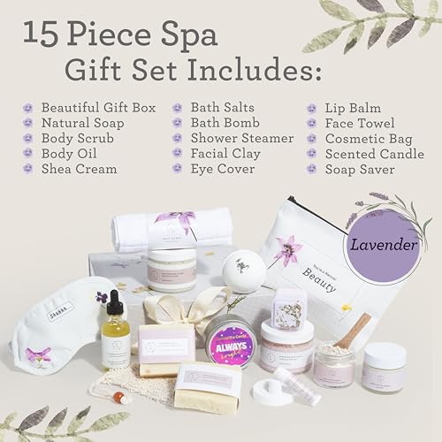 Lizush Luxury Spa Gifts for Women - 15 Piece Lavender Gifts for Her, Gift Baskets for Women, Body Care Set for Mom, Birthday Box, Self Care Spa Kit For Wife - Handmade in the USA - size: Lavender 15 Piece