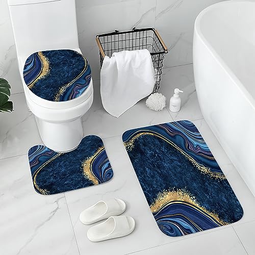 Gibelle 4 Pcs Luxury Marble Shower Curtain Set with Non-Slip Rugs, Toilet Lid Cover and Bath Mat, Gold Foil Navy Blue Bathroom Decor Set with Shower Curtain and Rugs and Accessories - color: Navy Blue