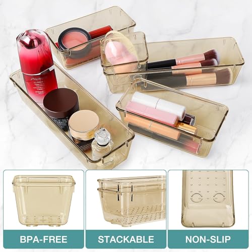 StorMiracle 25 PCS Drawer Organizer Set, 5 Varied Size Bathroom and kitchen Drawer cabinet organizer Trays, Clear Storage Bins for Makeup, Jewelry, Utensils and Gadgets, Champagne - color: Champagne, size: 25 PCS